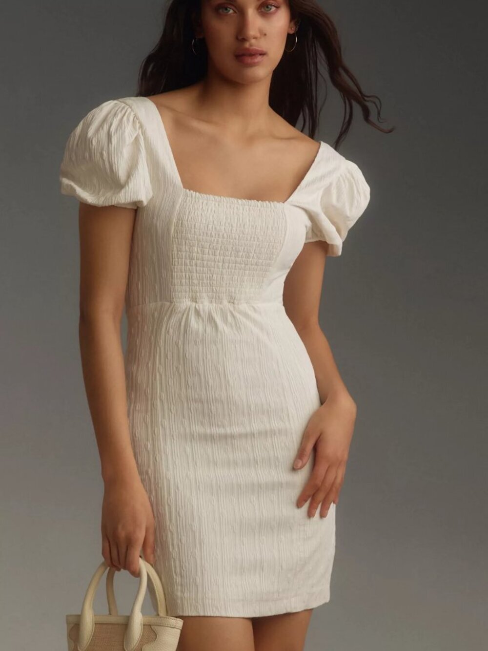 Maeve NWT Ivory Textured Puff Sleeve Square Neck Smocked Mini Dress | MP